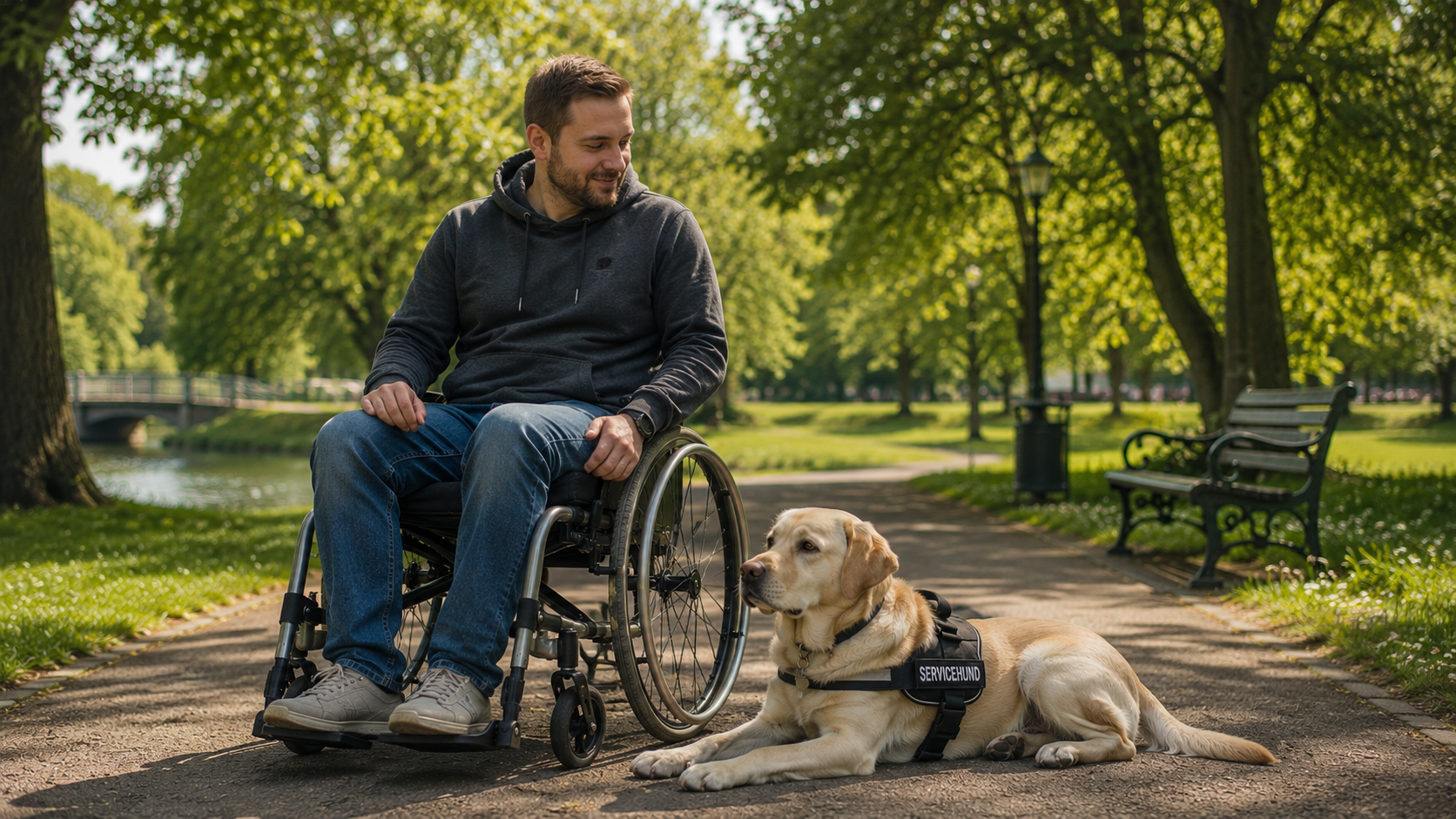Service dog with owner in park